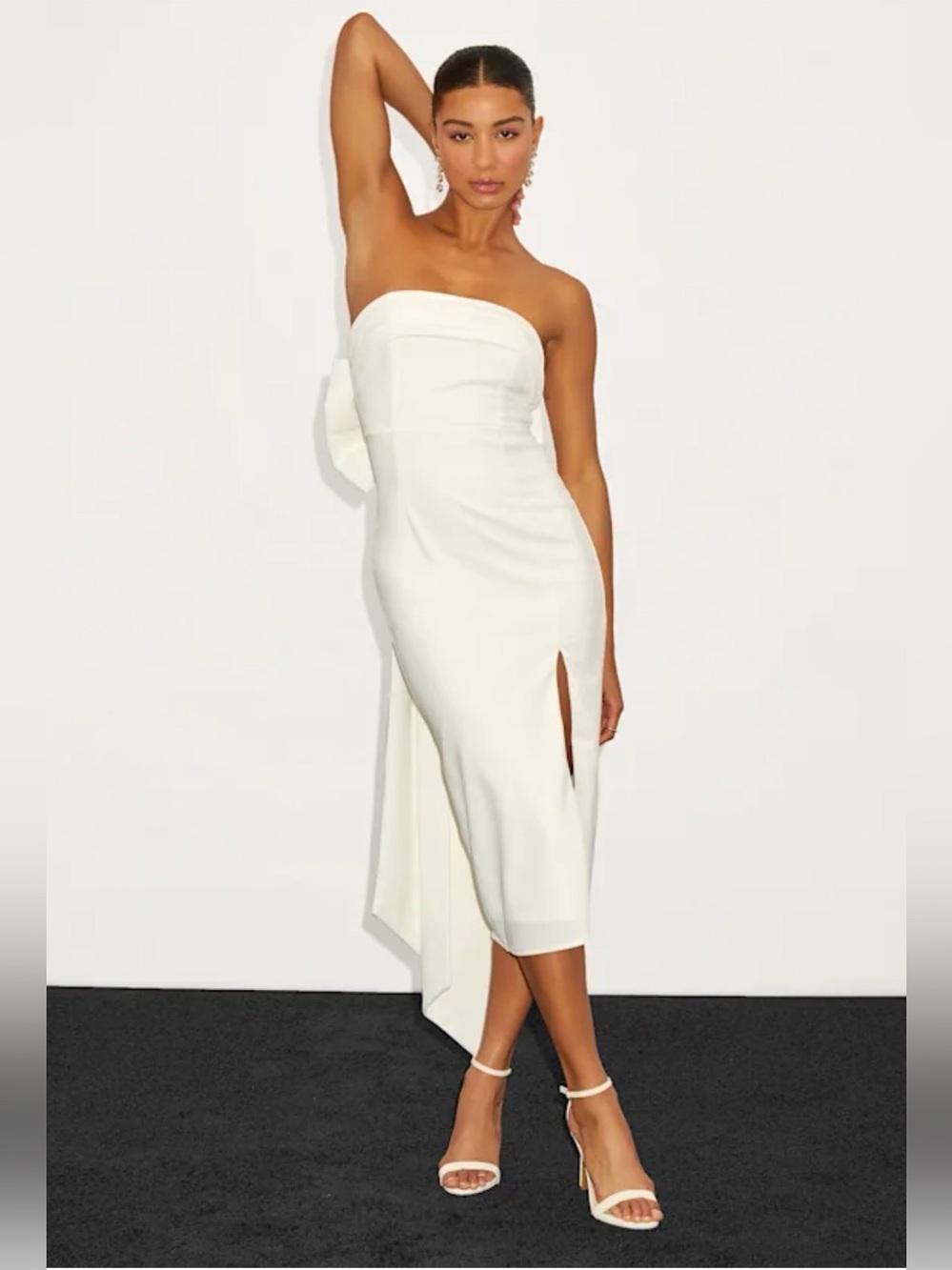 Lulu's Strapless White Midi Wedding Dress with Side Slit